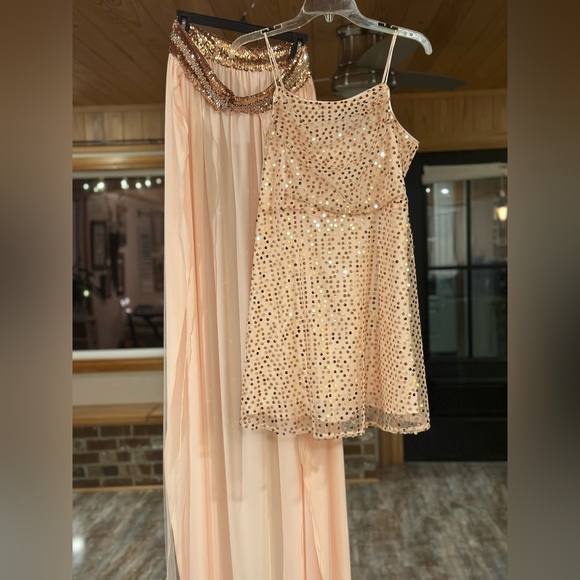 Fun fashion blush pink sequin cocktail, size L, custom belted overskirt. - Picture 4 of 4